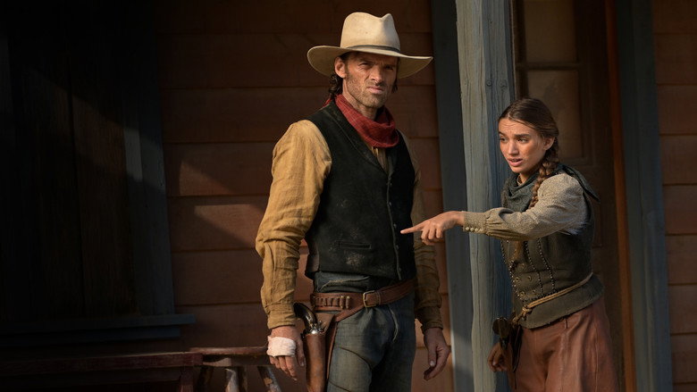 A wide-angle, cinematic shot of a lone rider crossing a vast desert canyon