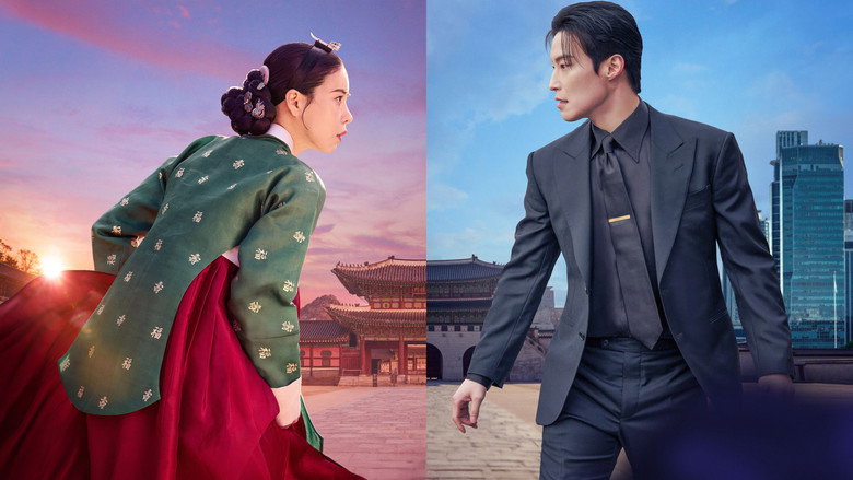 Dan-sim, wide-eyed and furious, looms over a bewildered Cha Se-gye in a sleek modern office, her hanbok sleeves billowing like storm clouds.