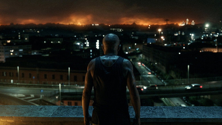 A dimly lit alley in Rome, the air thick with smoke, as a lone figure walks toward the camera, his face half-hidden in shadow.