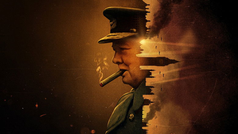 A colorized archival shot of Churchill standing in front of a bombed-out building, his face half in shadow, the Union Jack fluttering behind him