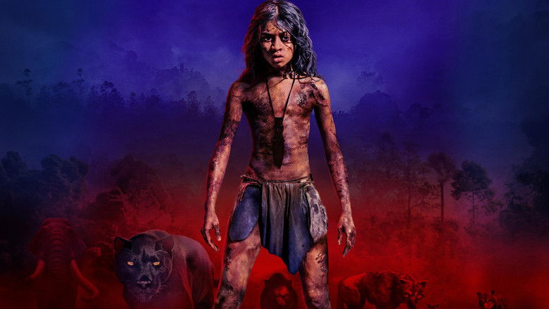 A young Mowgli, his face half-lit by firelight, stares into the distance as the jungle looms behind him.