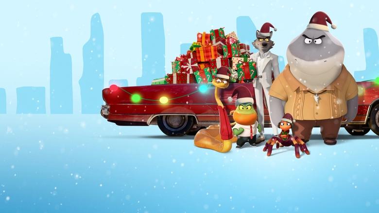 The Bad Guys mid-heist, surrounded by floating Christmas ornaments and tangled in holiday lights