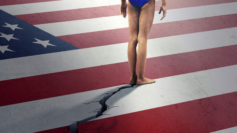 A young gymnast mid-routine, her body arched in concentration, the bright lights of the gymnasium casting long shadows.
