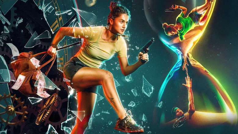 A tense moment in a dimly lit room, where Savi (Taapsee Pannu) and her boyfriend stand frozen in panic, the weight of their predicament pressing down on them.