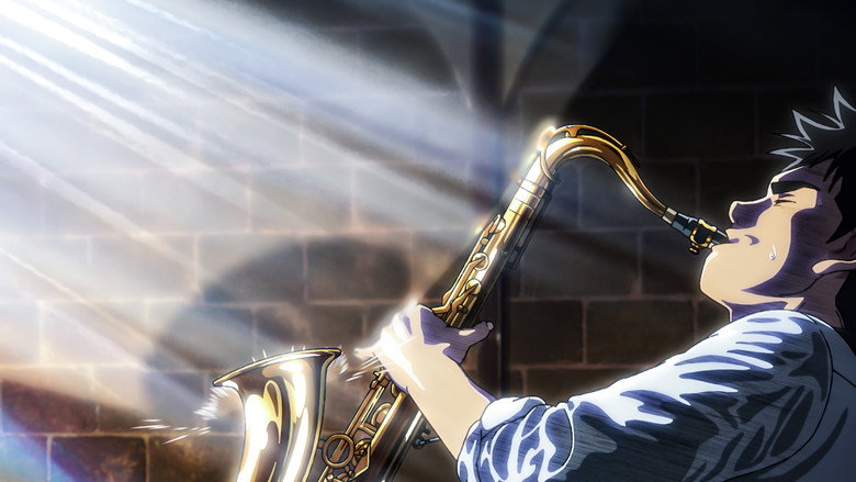 A dimly lit jazz club, the stage bathed in blue light, a saxophonist mid-performance, his body coiled like a spring