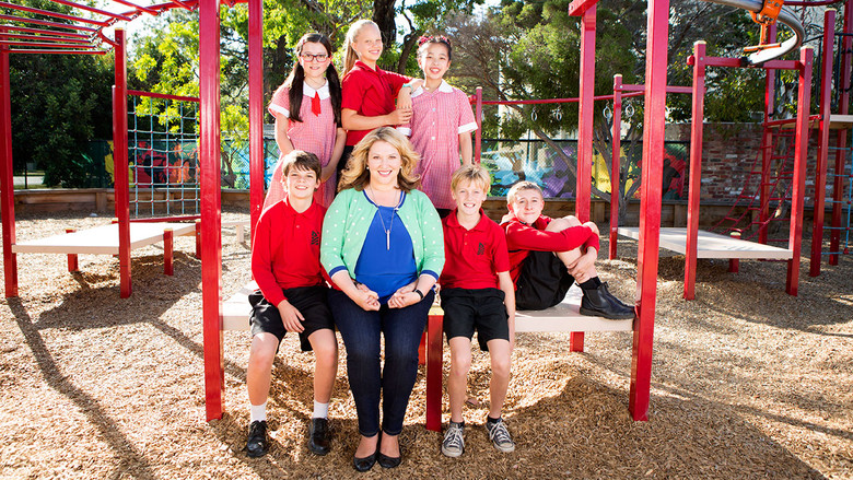 A group of six primary school kids sitting on a bench, mid-conversation, their faces lit with exaggerated expressions of shock, amusement, and disgust.