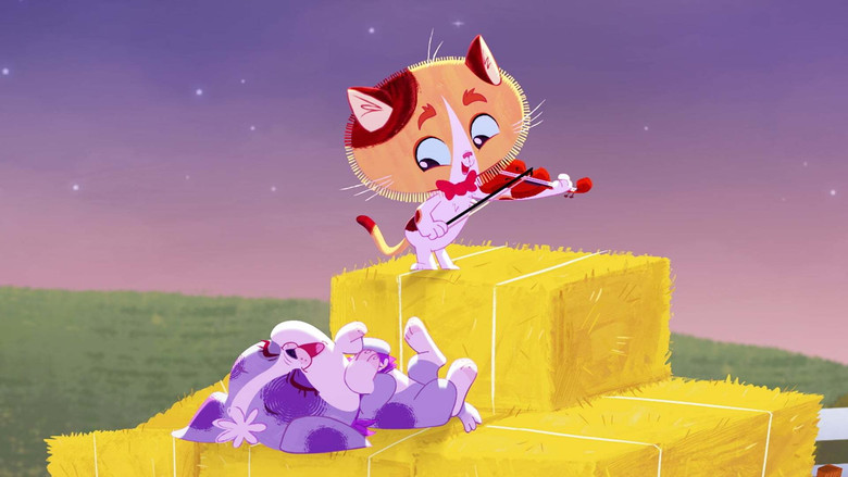 A pastel-colored town square where animated characters in oversized hats and striped shirts gather around a giant, glowing music note, their faces tilted upward in unison.
