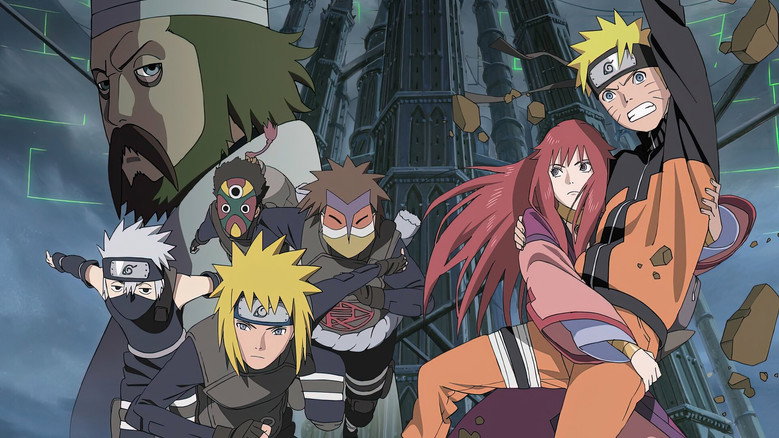 Naruto and Minato standing in the ruins, the light of the leyline casting long shadows