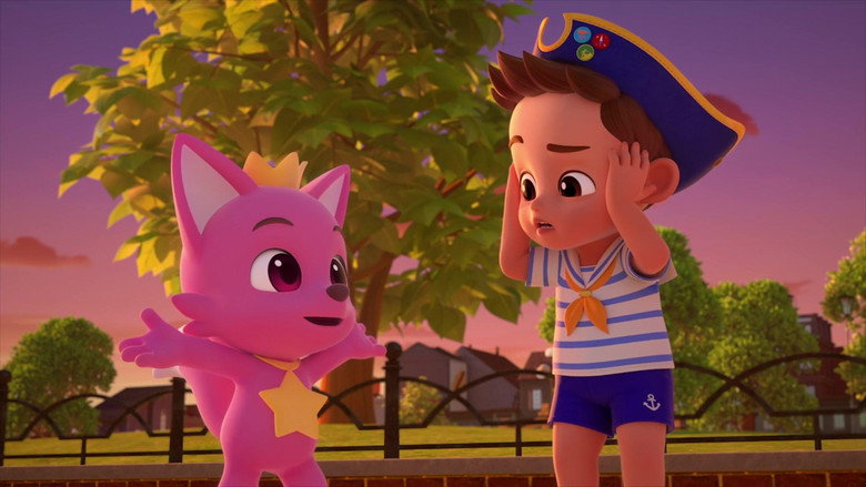 Finn and Pinkfong standing at the edge of a glowing digital portal, surrounded by swirling pastel lights and floating musical notes