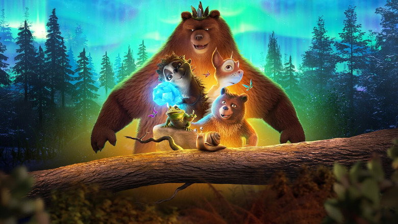 A lush, sun-dappled forest scene with Latte the hedgehog and Tjum the squirrel standing at the edge of a sparkling river