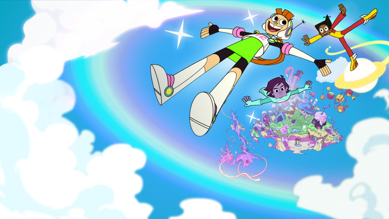 Reggie and her friends standing at the edge of Endless Island, the vibrant colors of the fantasy world contrasting with the muted tones of the real world behind them