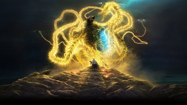 A golden Ghidorah looms over a ruined cityscape, its three heads coiled like serpents ready to strike