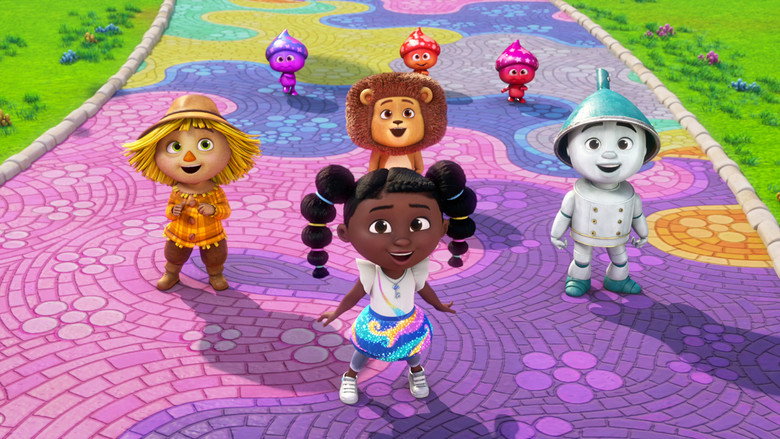 Dee and her friends standing on a vibrant yellow brick road, surrounded by whimsical Oz scenery