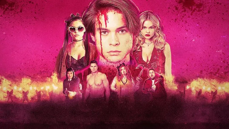 Cole and Phoebe running through a neon-lit forest, the cult members in hot pursuit.