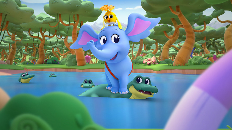Horton and Samson standing in a sun-dappled jungle clearing, their shadows stretching long across the grass as they peer at something small in Horton’s trunk