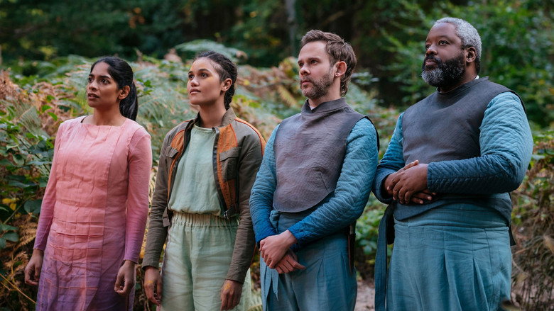 A view of the wooden, retro-futuristic architecture of the Moonhaven settlement