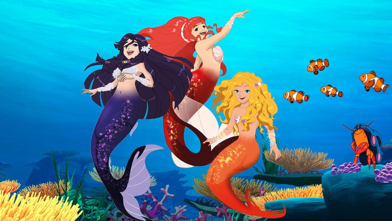 Three mermaids swimming through a sunlit underwater cave, their tails shimmering in blues and greens