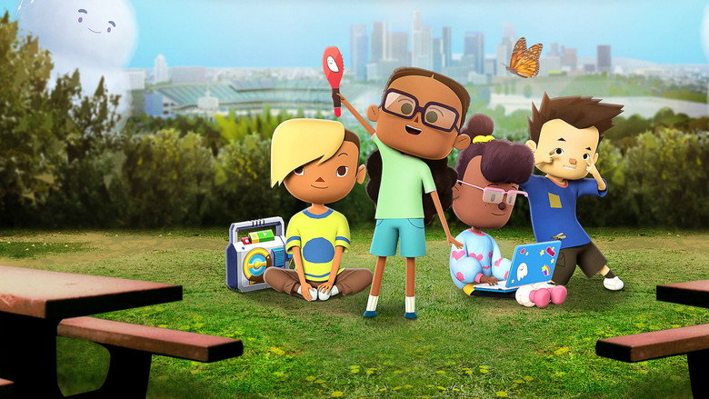 A group of kids sits in a circle on a rooftop, listening intently as a translucent ghost speaks to them