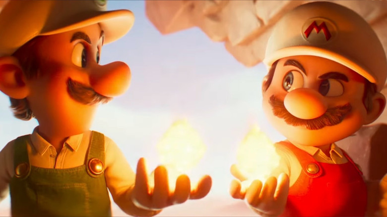 Mario and Luigi looking out over a neon-lit galactic horizon