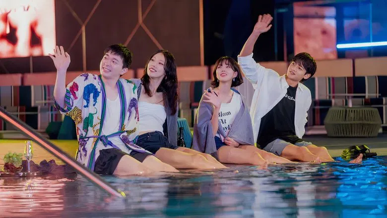 A group of stylish young adults laughing under neon lights, their outfits a blur of textures and colors