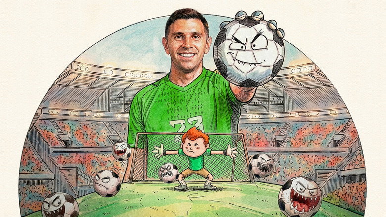 A hand-drawn Emiliano Martínez as a child, mid-dive, his body stretched in exaggerated motion against a watercolor sunset