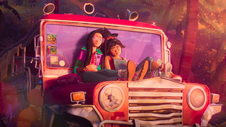 A lush, vibrant jungle scene with bioluminescent plants and towering, impossible rock formations that seem to defy gravity.