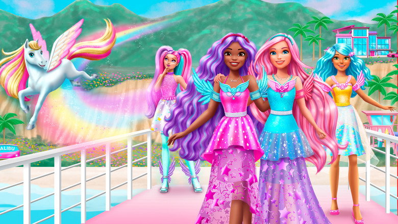 Malibu Barbie and Brooklyn Barbie standing in a sunlit stable, the baby Pegasus nuzzling against Malibu’s shoulder, its wings still too small to carry it.