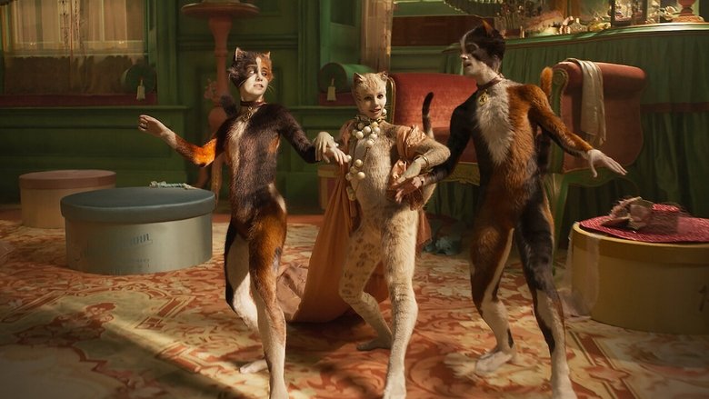 A cluster of Jellicle cats in a dimly lit alley, their digitally altered faces glowing with an eerie, almost alien sheen