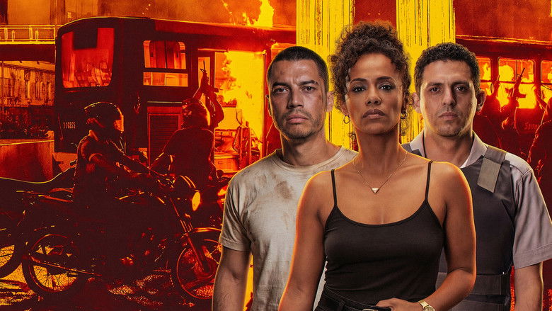 A sweeping aerial view of a city consumed by fire and smoke