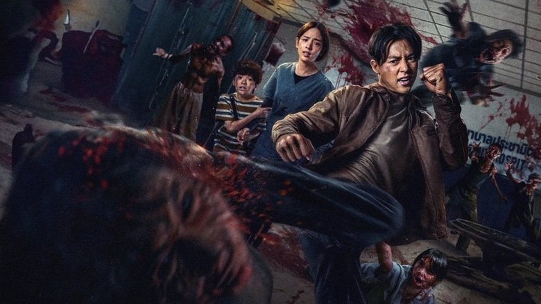 A bloodied Singh, mid-kick, sending a zombie crashing into a hospital corridor
