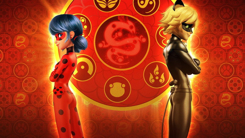 Marinette and Fei standing atop a Shanghai rooftop at dusk, the city’s skyline glowing behind them