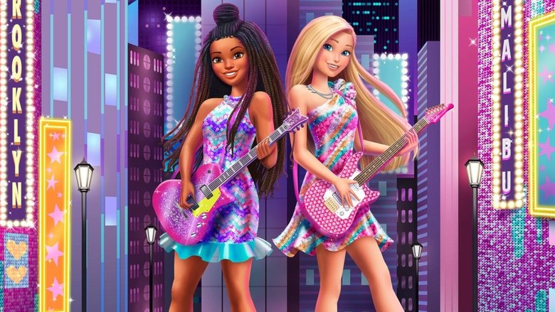 Two Barbies stand back-to-back in a crowded New York City subway car, their reflections warped in the scratched metal doors.