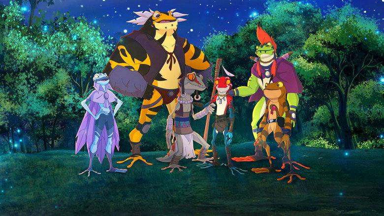 A group of anthropomorphic frogs in armor, standing in a lush, sunlit forest, their faces set with determination.