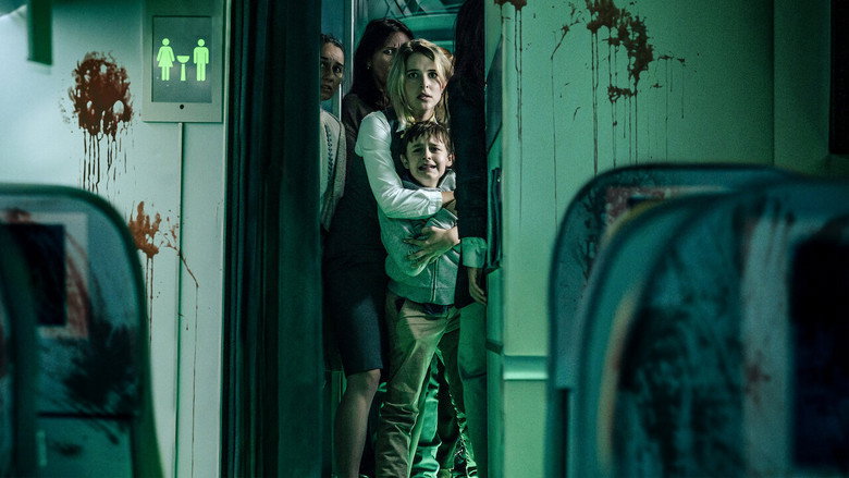 A tense moment in the dimly lit airplane cabin, passengers huddled in fear as a shadow looms over them
