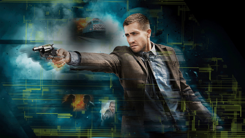 Colter Stevens, played by Jake Gyllenhaal, looking confused while sitting on a commuter train.