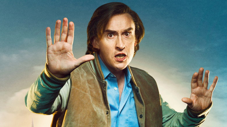 Alan Partridge in a radio studio, mid-crisis, gripping a microphone like it's the only thing keeping him afloat