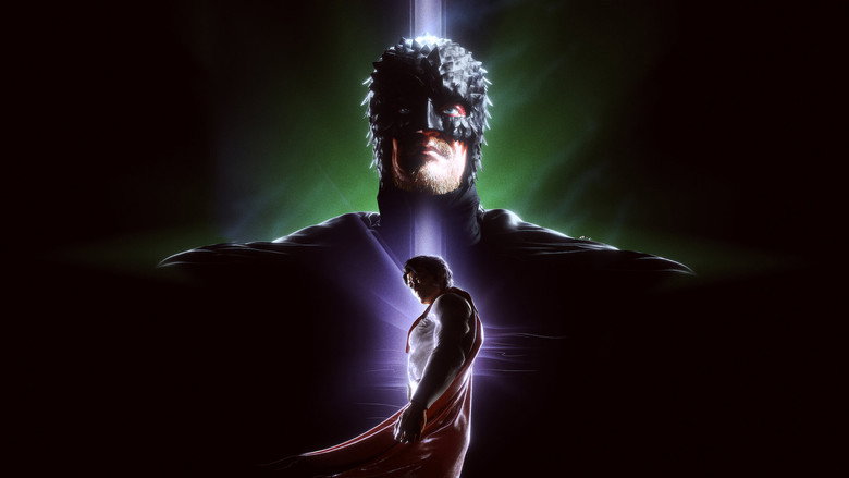A chaotic battle scene with live-action and animated elements colliding, the heroes mid-fight against a surreal, shifting backdrop
