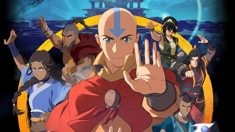 Aang standing in a ruined Air Nomad temple, his hands glowing with blue energy as he looks at the camera with a mix of determination and exhaustion.