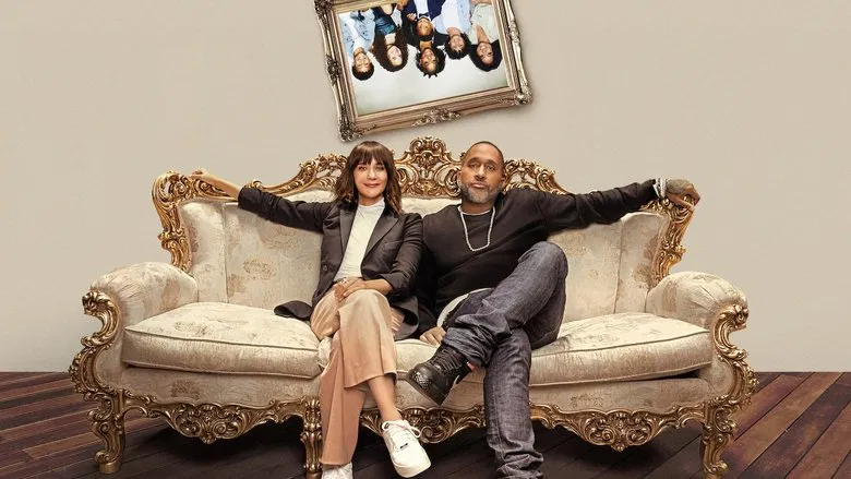 The Barris family lounges in a sunlit living room, their expressions a mix of exhaustion and performative cheer