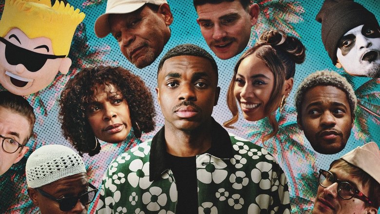 Vince Staples in a jail cell, his expression deadpan as inmates loom in the background