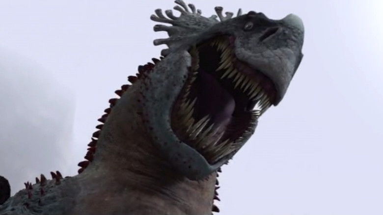 Toothless and Hiccup flying through the sea stacks