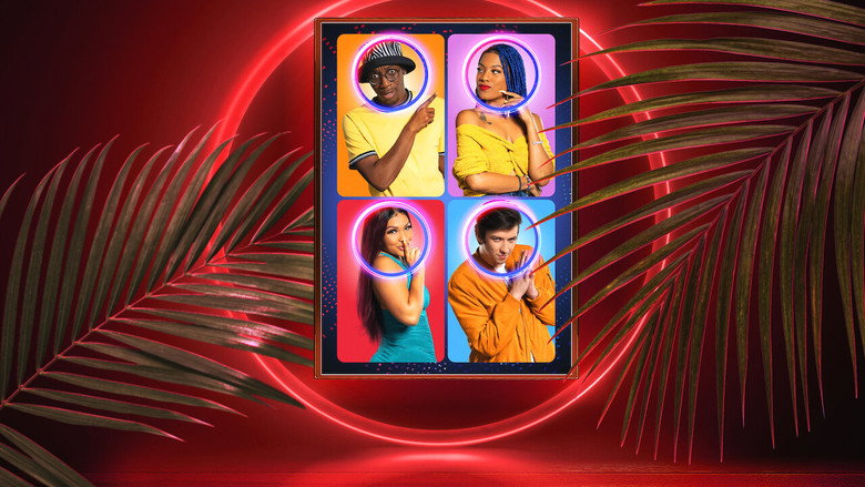 A dimly lit studio set with neon accents, where cast members of *The Circle* lounge on modern furniture, their faces half-lit by the glow of unseen screens.