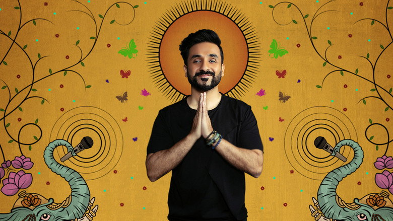 Vir Das stands on a minimalist stage, a single door and staircase behind him, addressing the audience with a mix of warmth and intensity.