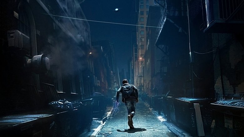 A drone hovers over a rain-slicked street at night, its red light casting an eerie glow on the wet pavement.