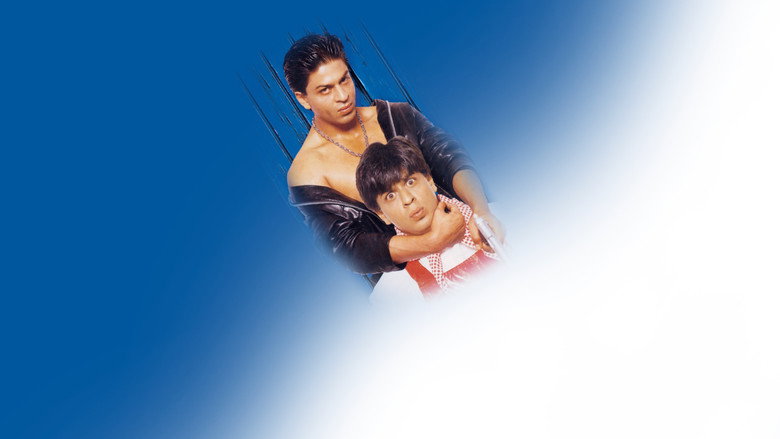 Shah Rukh Khan as both Manu and Bablu, their faces framed in a split-screen shot, one side smirking, the other wide-eyed with panic