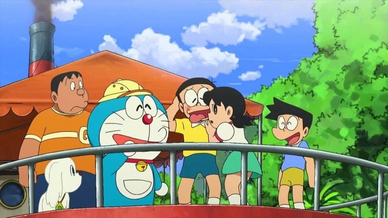 Nobita and Doraemon floating in the sky with bamboo-copters