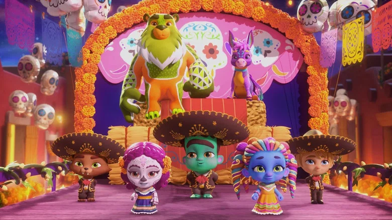 The Super Monsters gather around an ofrenda, its candles casting a warm glow on their faces