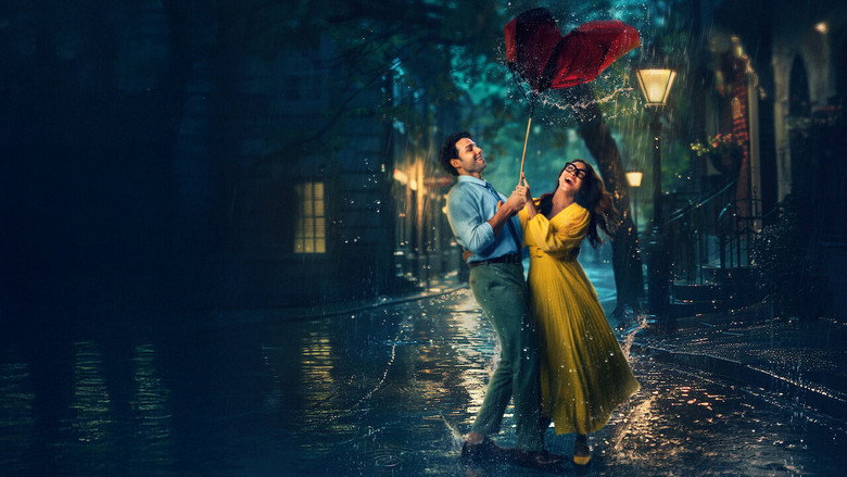 A dimly lit Mumbai street at night, neon signs reflecting on wet pavement, the two leads walking side by side but not quite touching.