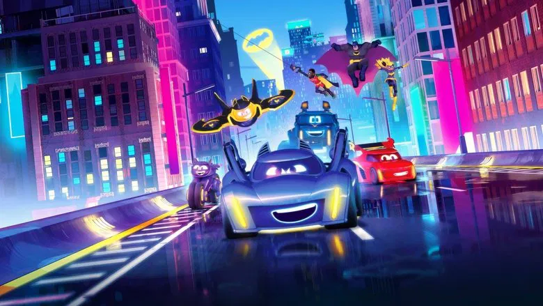 The Batwheels team lined up in formation, Bam in the center with his headlights glowing