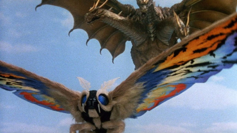 Mothra and King Ghidorah locked in battle above a storm-wracked city